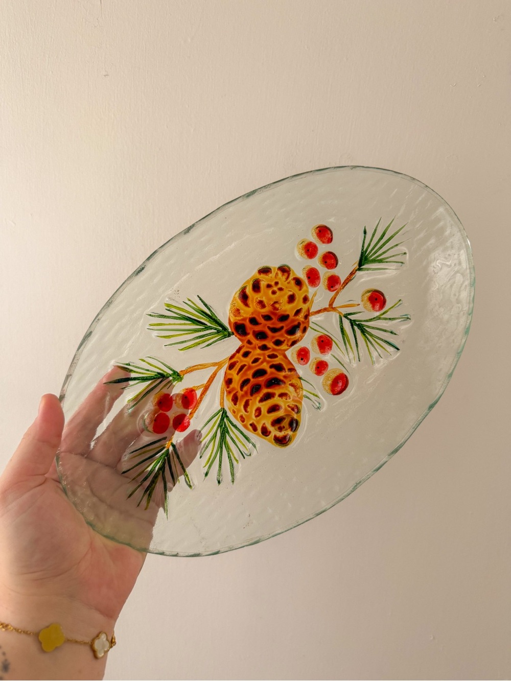 Clear Textured Glass Small Oval Platter Botanical Pinecone Red Berry Design
